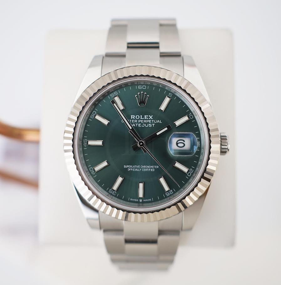 Rolex White Rolesor Datejust 41 Watch - Fluted Bezel - Mint Green Index Dial - Oyster Bracelet - 126334 - Luxury Time NYC