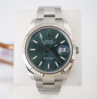 Rolex White Rolesor Datejust 41 Watch - Fluted Bezel - Mint Green Index Dial - Oyster Bracelet - 126334 - Luxury Time NYC