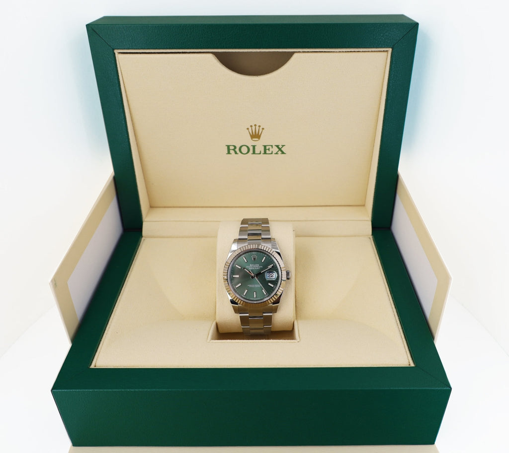 Rolex White Rolesor Datejust 41 Watch - Fluted Bezel - Mint Green Index Dial - Oyster Bracelet - 126334 - Luxury Time NYC