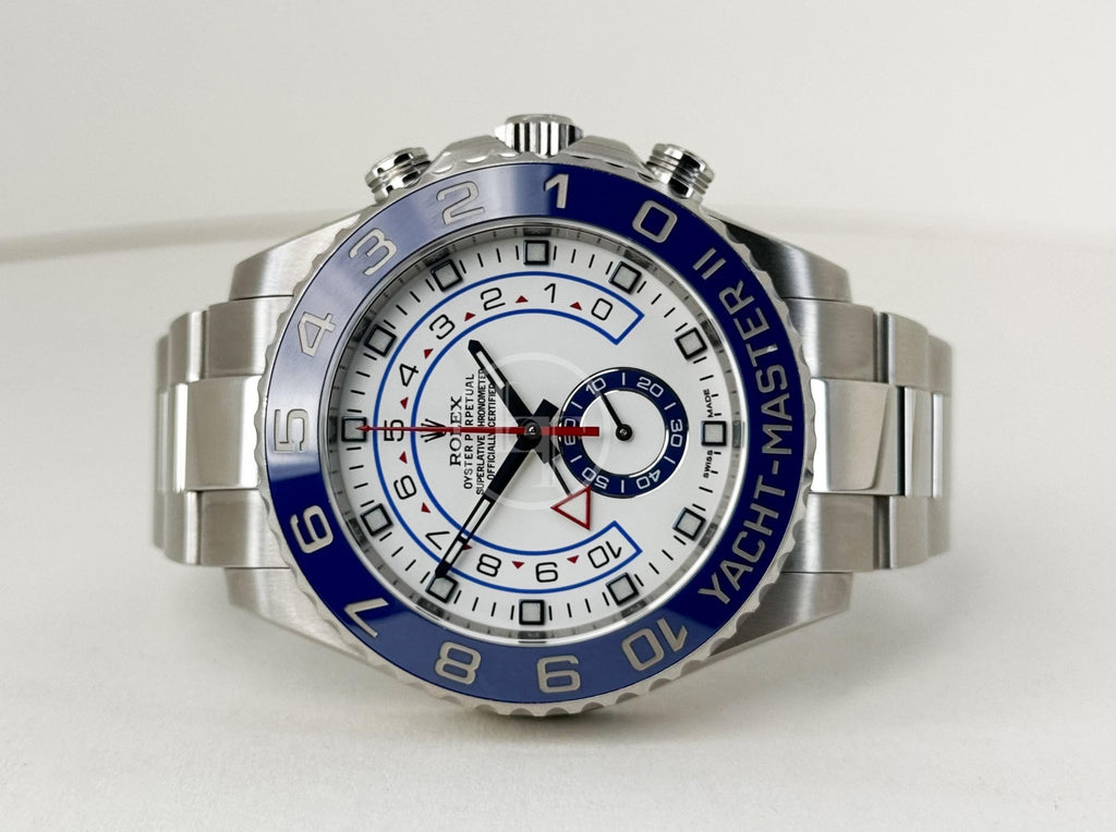 Rolex Yacht-Master II Stainless Steel White Dial Mercedes Hands Blue Ceramic Bezel 116680 - Luxury Time NYC