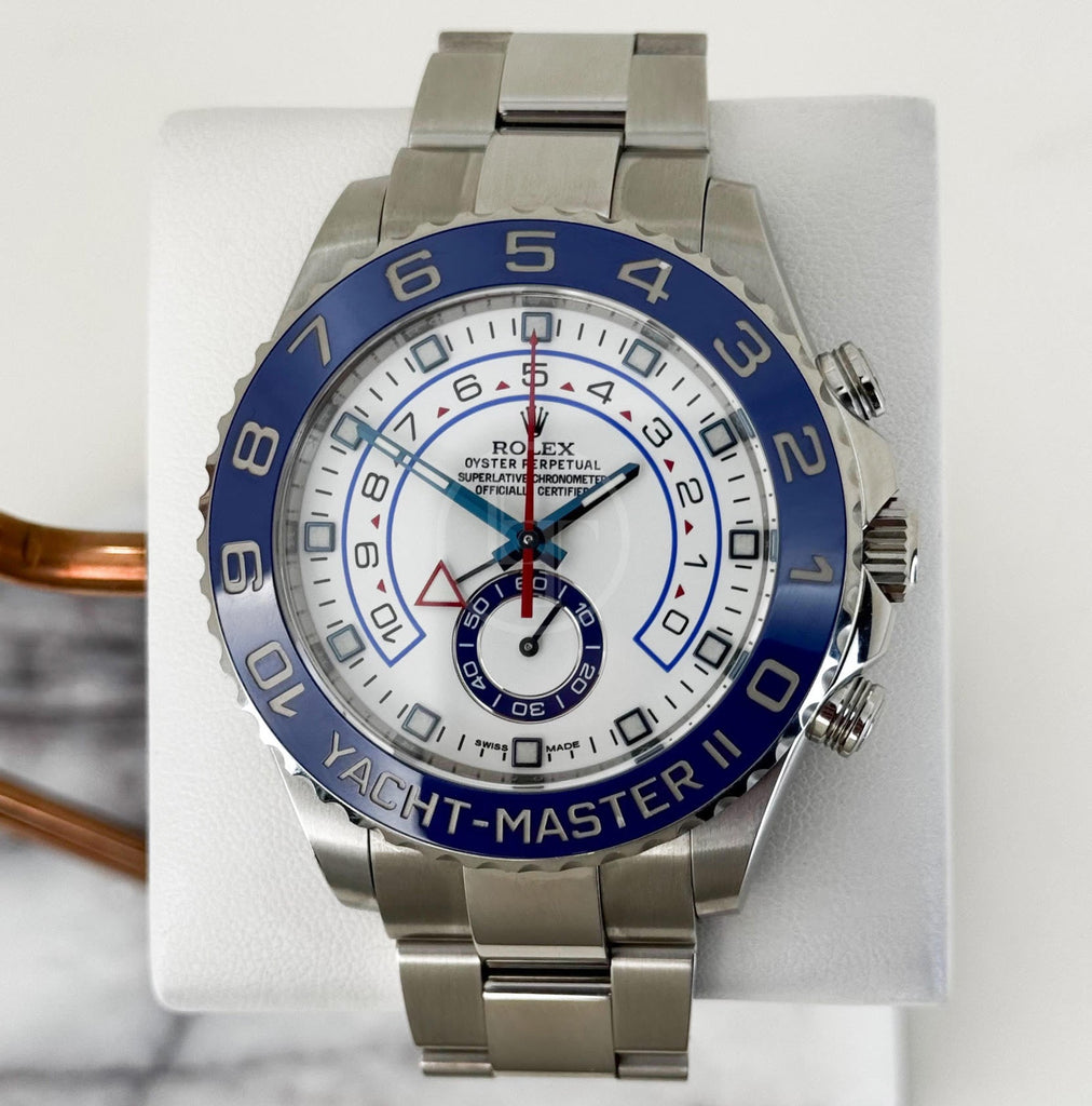 Rolex Yacht-Master II Stainless Steel White Dial Mercedes Hands Blue Ceramic Bezel 116680 - Luxury Time NYC