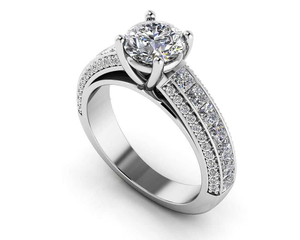 Round And Princess Cut Shank Diamond Engagement Ring with 1.75 ct. (0.50 ct. center diamond) - Luxury Time NYC