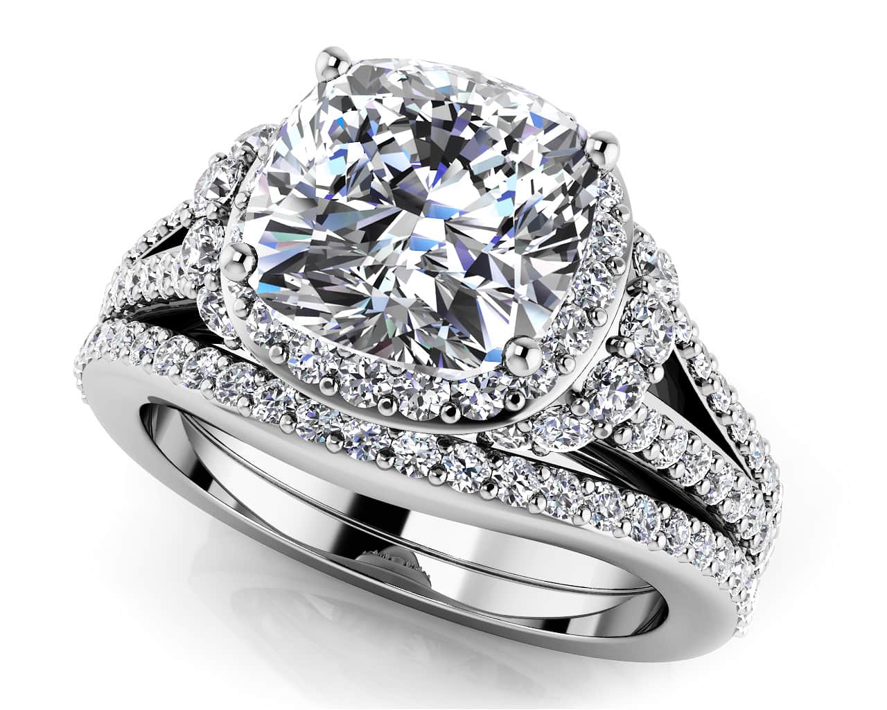 Split Shank Cushion Cut Lab - Grown Diamond Bridal Set with 2.40 ct. (1.50 ct. center diamond) - Luxury Time NYC