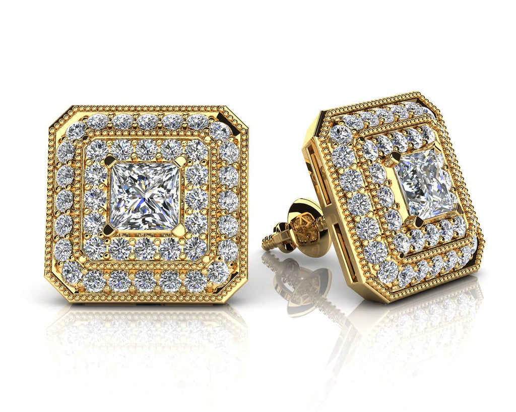 Square Shaped Princess And Round Diamond Diamond Studs with 0.95 ct. (2X0.16 ct. center diamonds) - Luxury Time NYC