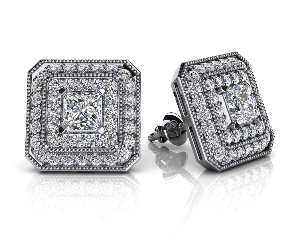 Square Shaped Princess And Round Diamond Diamond Studs with 1.22 ct. (2X0.29 ct. center diamonds) - Luxury Time NYC