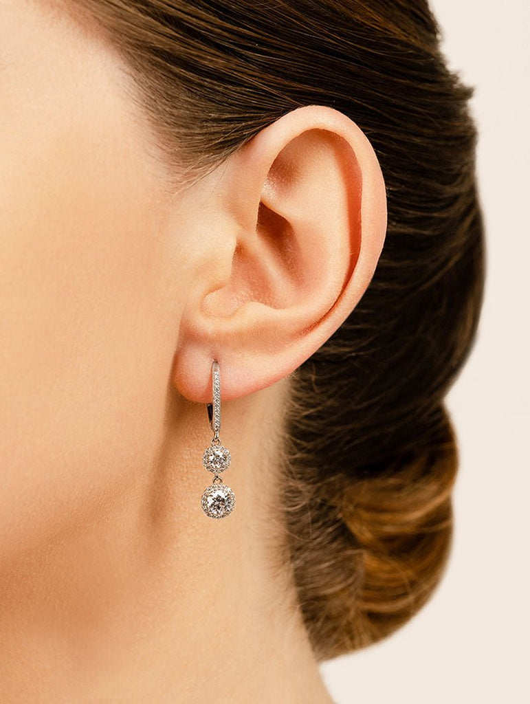 Stylish Graduated Diamond Halo Drop Lab - Grown Diamond Earrings with 1.75 ct.(finished) 1mm, 3.5mm, 5mm - Luxury Time NYC