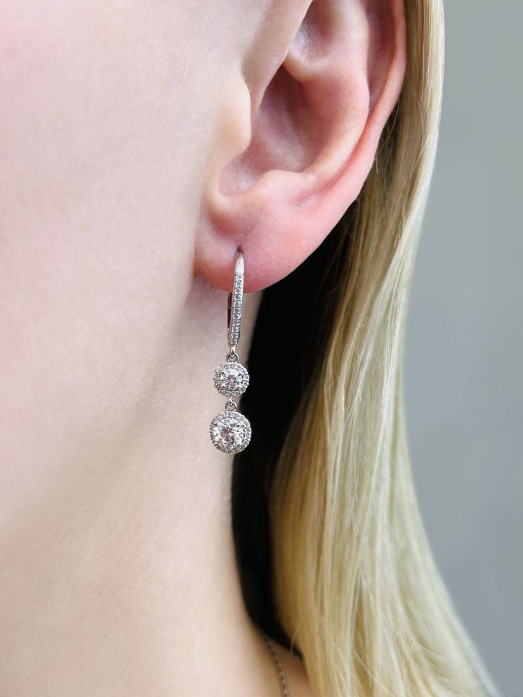 Stylish Graduated Diamond Halo Drop Lab - Grown Diamond Earrings with 1.75 ct.(finished) 1mm, 3.5mm, 5mm - Luxury Time NYC