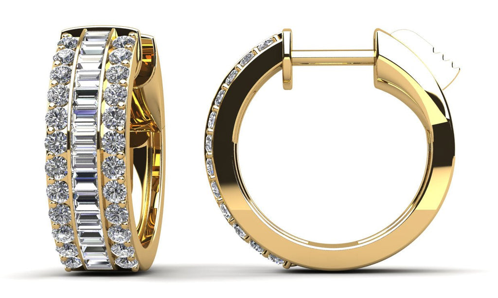 Three Rows Baguette and Round Huggie Diamond Hoop Earrings with 0.90 ct.(finished) 1.7x1.2mm, 1.3mm - Luxury Time NYC