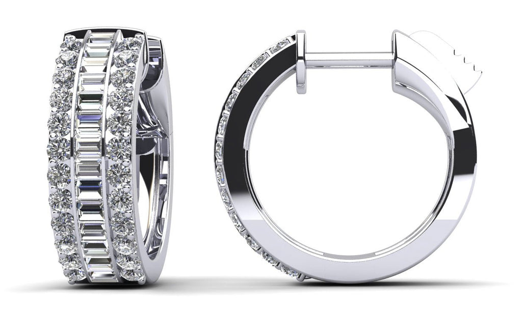 Three Rows Baguette and Round Huggie Diamond Hoop Earrings with 0.90 ct.(finished) 1.7x1.2mm, 1.3mm - Luxury Time NYC