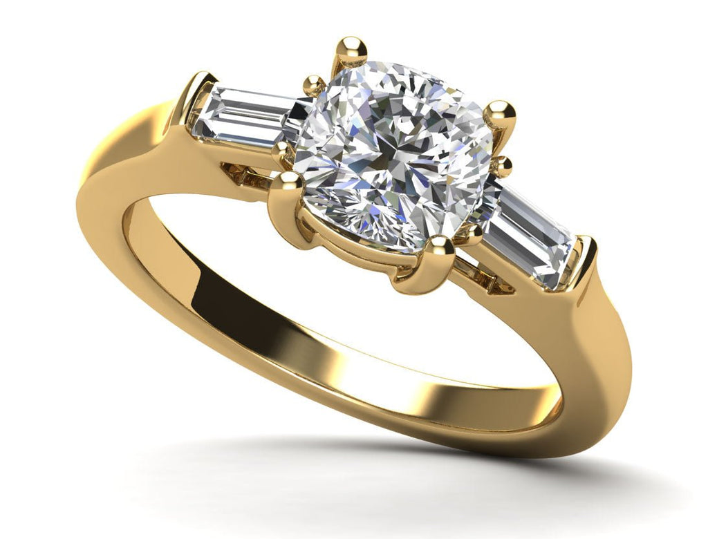 Three Stone Cushion And Baguette Diamond Engagement Ring with 0.60 ct. (0.50 ct. center diamond) - Luxury Time NYC