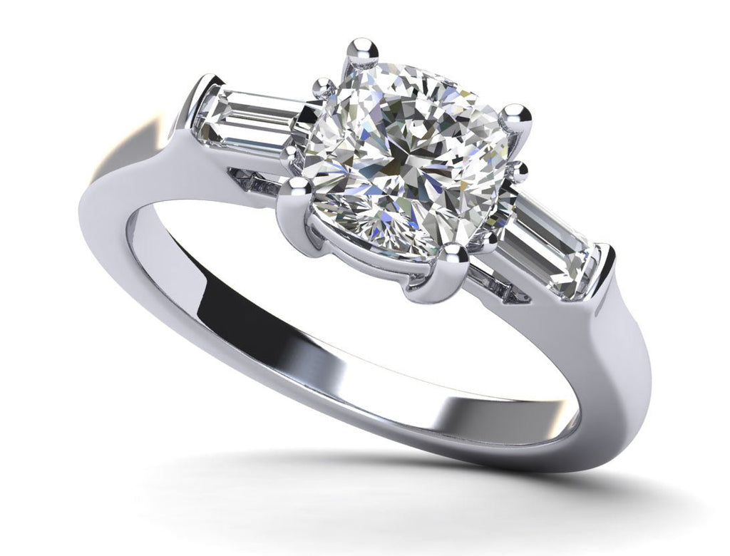 Three Stone Cushion And Baguette Diamond Engagement Ring with 0.60 ct. (0.50 ct. center diamond) - Luxury Time NYC