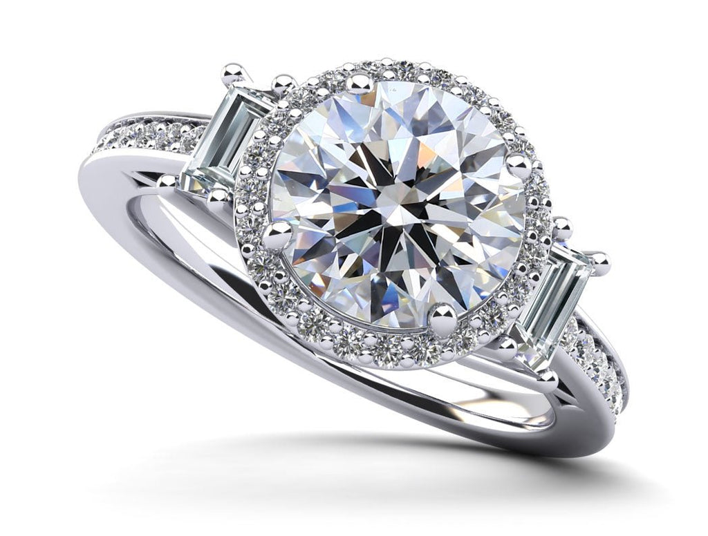 Three Stone Halo with Side Stones Diamond Engagement Ring with 1.00 ct. (0.50 ct. center diamond) - Luxury Time NYC