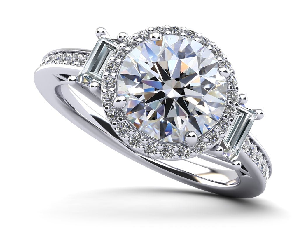Three Stone Halo with Side Stones Diamond Engagement Ring with 1.52 ct. (1.00 ct. center diamond) - Luxury Time NYC