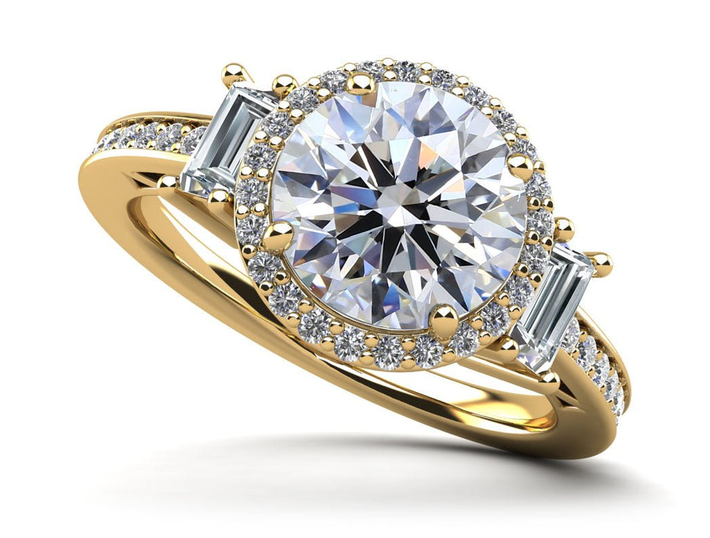 Three Stone Halo with Side Stones Diamond Engagement Ring with 1.52 ct. (1.00 ct. center diamond) - Luxury Time NYC