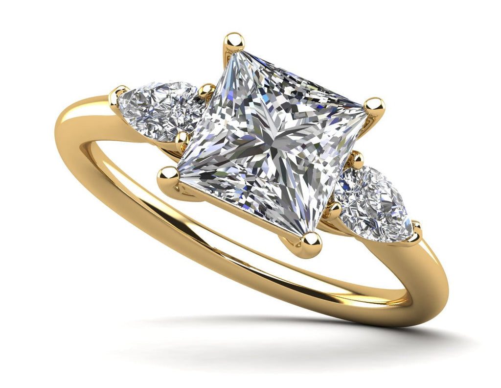 Three Stone Princess and Pear Diamond Engagement Ring with 0.86 ct. (0.50 ct. center diamond) - Luxury Time NYC