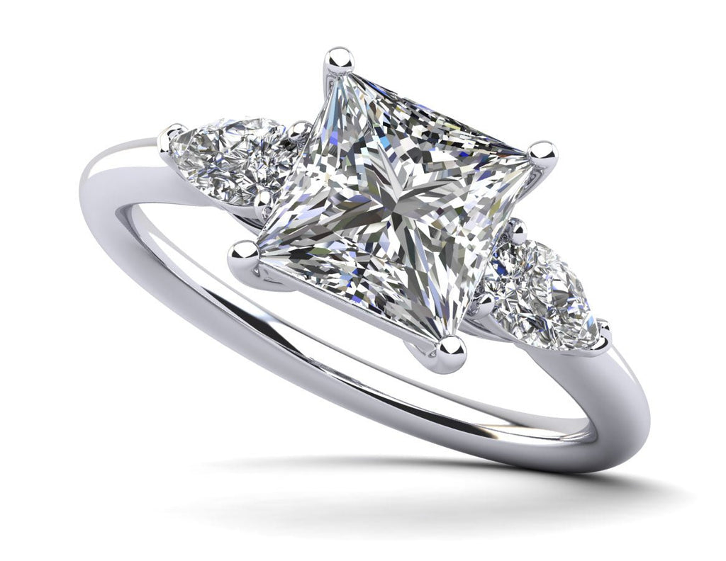 Three Stone Princess and Pear Diamond Engagement Ring with 1.42 ct. (1.00 ct. center diamond) - Luxury Time NYC