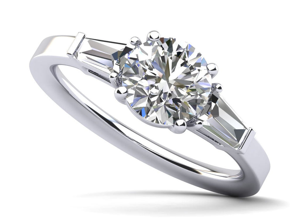 Three Stone Round And Baguette Diamond Engagement Ring with 0.80 ct. (0.50 ct. center diamond) - Luxury Time NYC