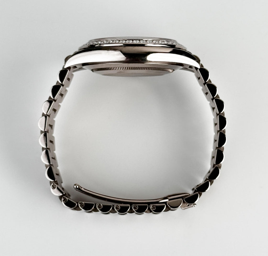 Rolex White Gold Day-Date 40 Watch - White Gold Bezel - Silver Baguette Diamond Dial - President Bracelet - 228349RBR sbdp