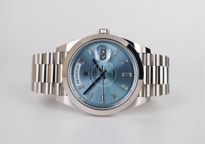 Rolex Day-Date 40 Platinum Ice Blue Diamond Dial & Smooth Bezel President Bracelet 228206 -