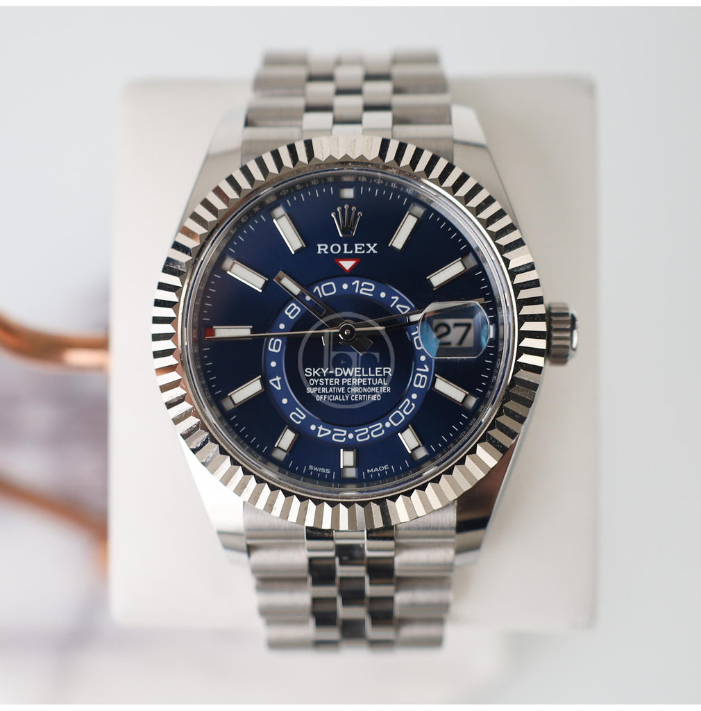 Rolex Oyster Perpetual White Rolesor Sky-Dweller Watch - Blue Index Dial - Jubilee Bracelet - 326934 blij