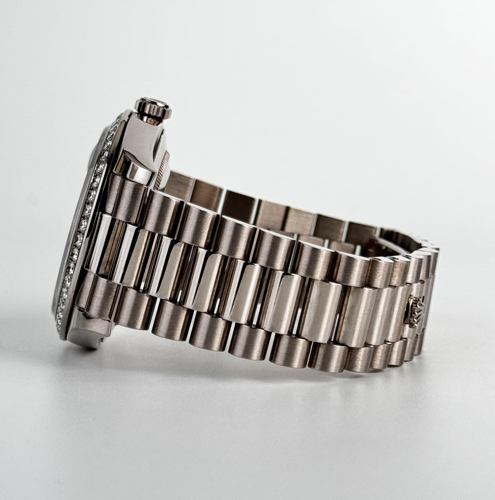 Rolex White Gold Day-Date 40 Watch - White Gold Bezel - Silver Baguette Diamond Dial - President Bracelet - 228349RBR sbdp