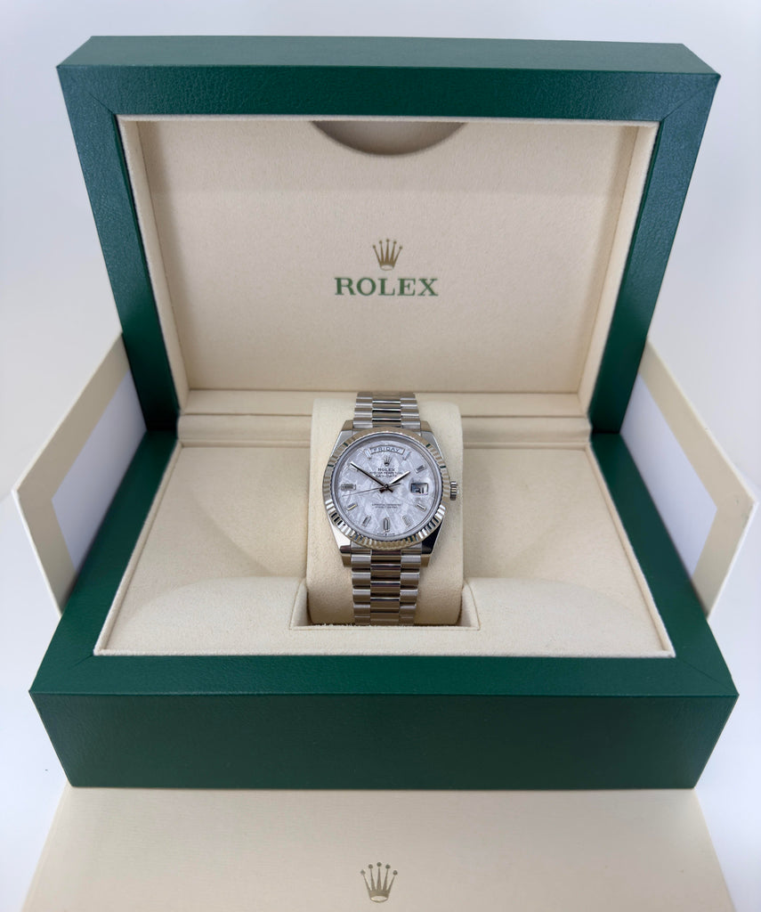 Rolex White Gold Day-Date 40 Watch - Fluted Bezel - Meteorite Baguette Diamond Dial - President Bracelet - 228239 mtdp