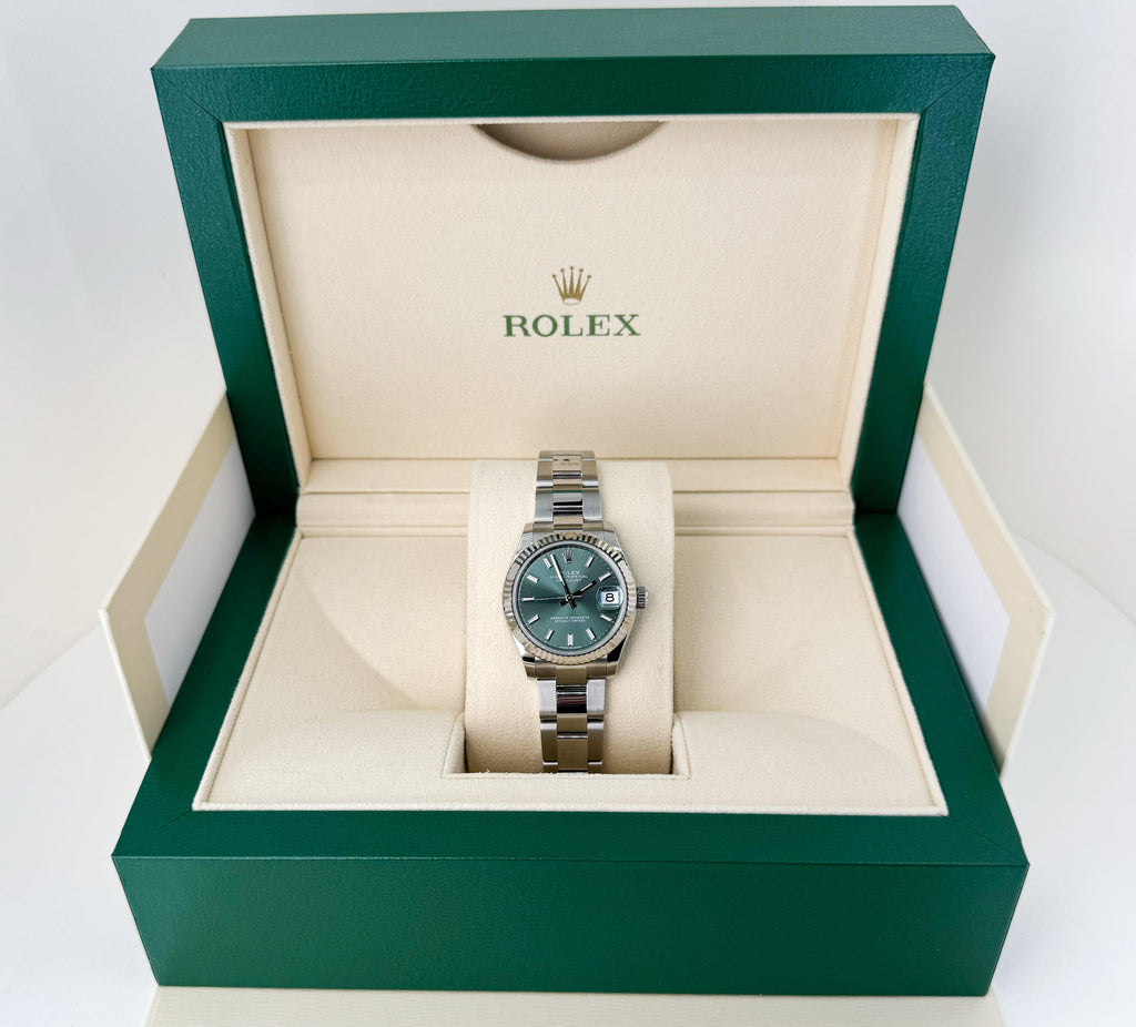 Rolex Steel and White Gold Datejust 31 Watch - Fluted Bezel - Mint Green Index Dial - Oyster Bracelet - 278274 mgio
