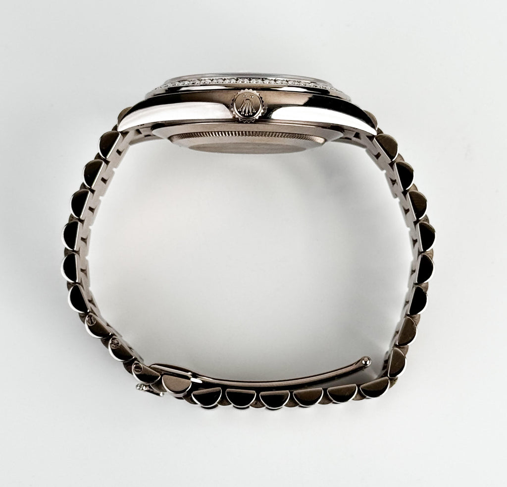 Rolex White Gold Day-Date 40 Watch - White Gold Bezel - Silver Baguette Diamond Dial - President Bracelet - 228349RBR sbdp