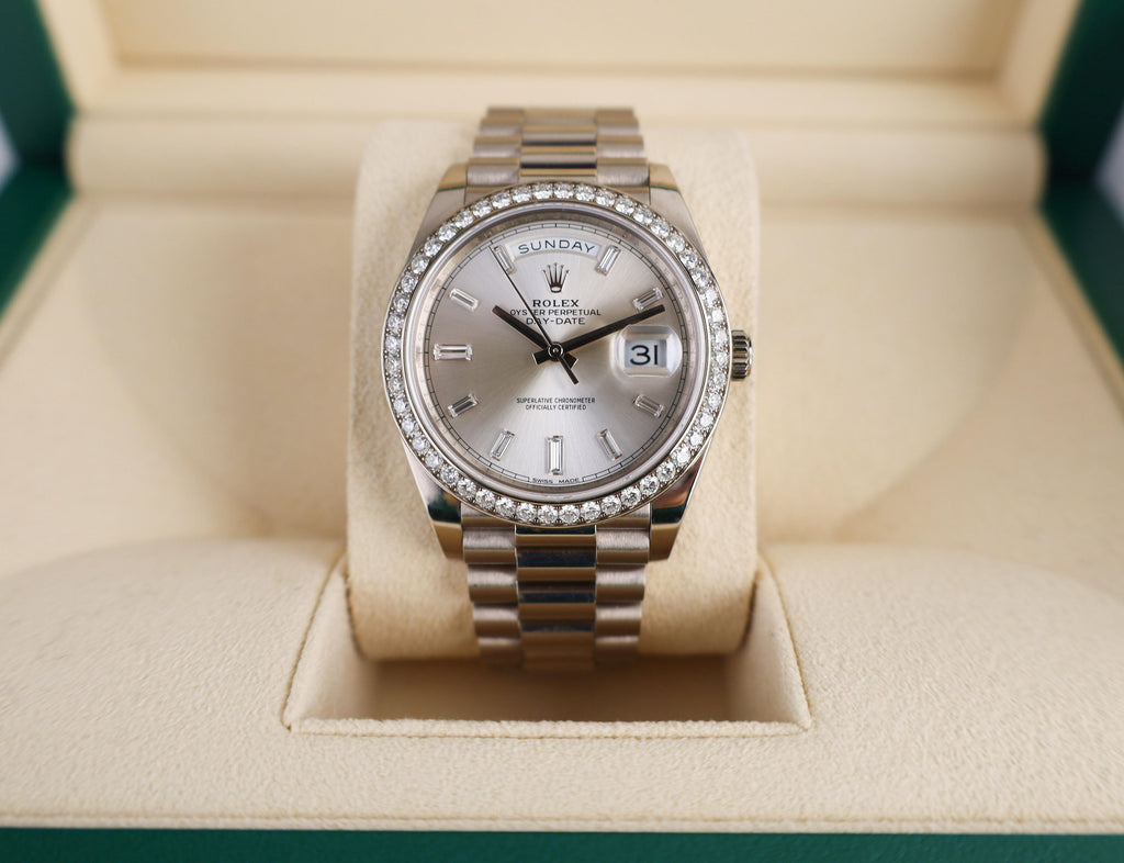 Rolex White Gold Day-Date 40 Watch - White Gold Bezel - Silver Baguette Diamond Dial - President Bracelet - 228349RBR sbdp