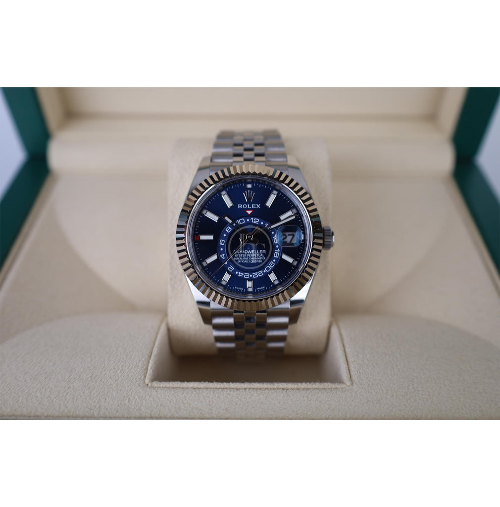 Rolex Oyster Perpetual White Rolesor Sky-Dweller Watch - Blue Index Dial - Jubilee Bracelet - 326934 blij