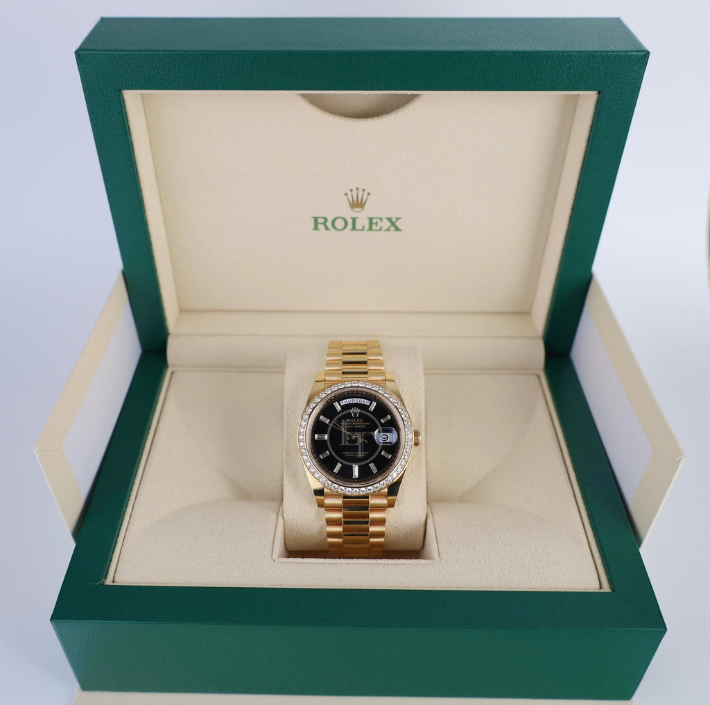Rolex Day-Date 40 Yellow Gold Black Diamond Dial & Diamond Bezel President Bracelet 228348RBR -