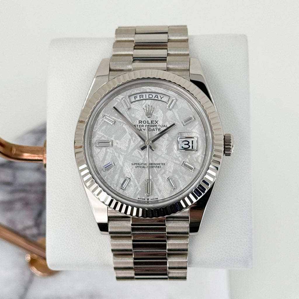 Rolex White Gold Day-Date 40 Watch - Fluted Bezel - Meteorite Baguette Diamond Dial - President Bracelet - 228239 mtdp