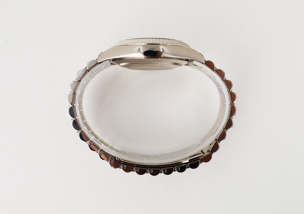 Rolex White Gold Day-Date 40 Watch - Fluted Bezel - Olive Green Bevelled Roman Dial - President Bracelet - 228239 ogrp