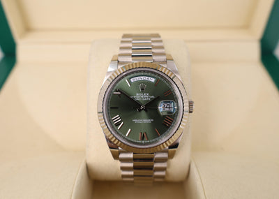 Rolex White Gold Day-Date 40 Watch - Fluted Bezel - Olive Green Bevelled Roman Dial - President Bracelet - 228239 ogrp
