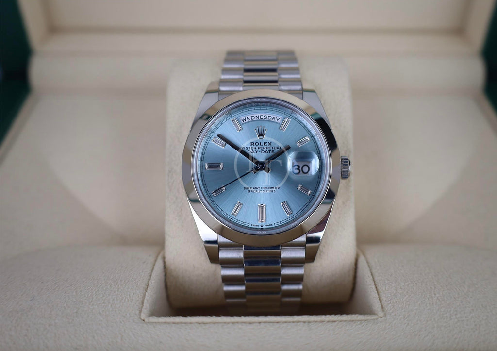 Rolex Day-Date 40 Platinum Ice Blue Diamond Dial & Smooth Bezel President Bracelet 228206 -
