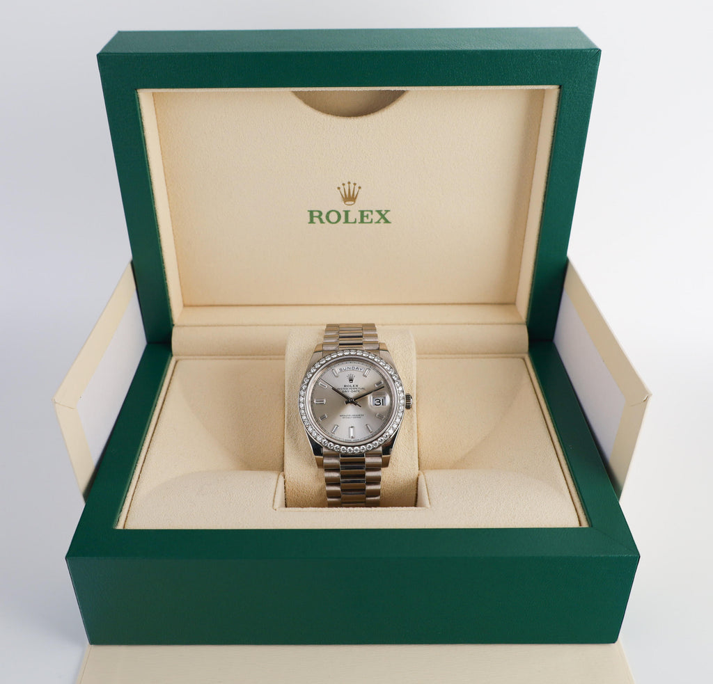 Rolex White Gold Day-Date 40 Watch - White Gold Bezel - Silver Baguette Diamond Dial - President Bracelet - 228349RBR sbdp