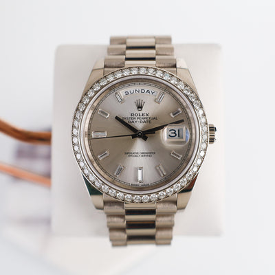 Rolex White Gold Day-Date 40 Watch - White Gold Bezel - Silver Baguette Diamond Dial - President Bracelet - 228349RBR sbdp