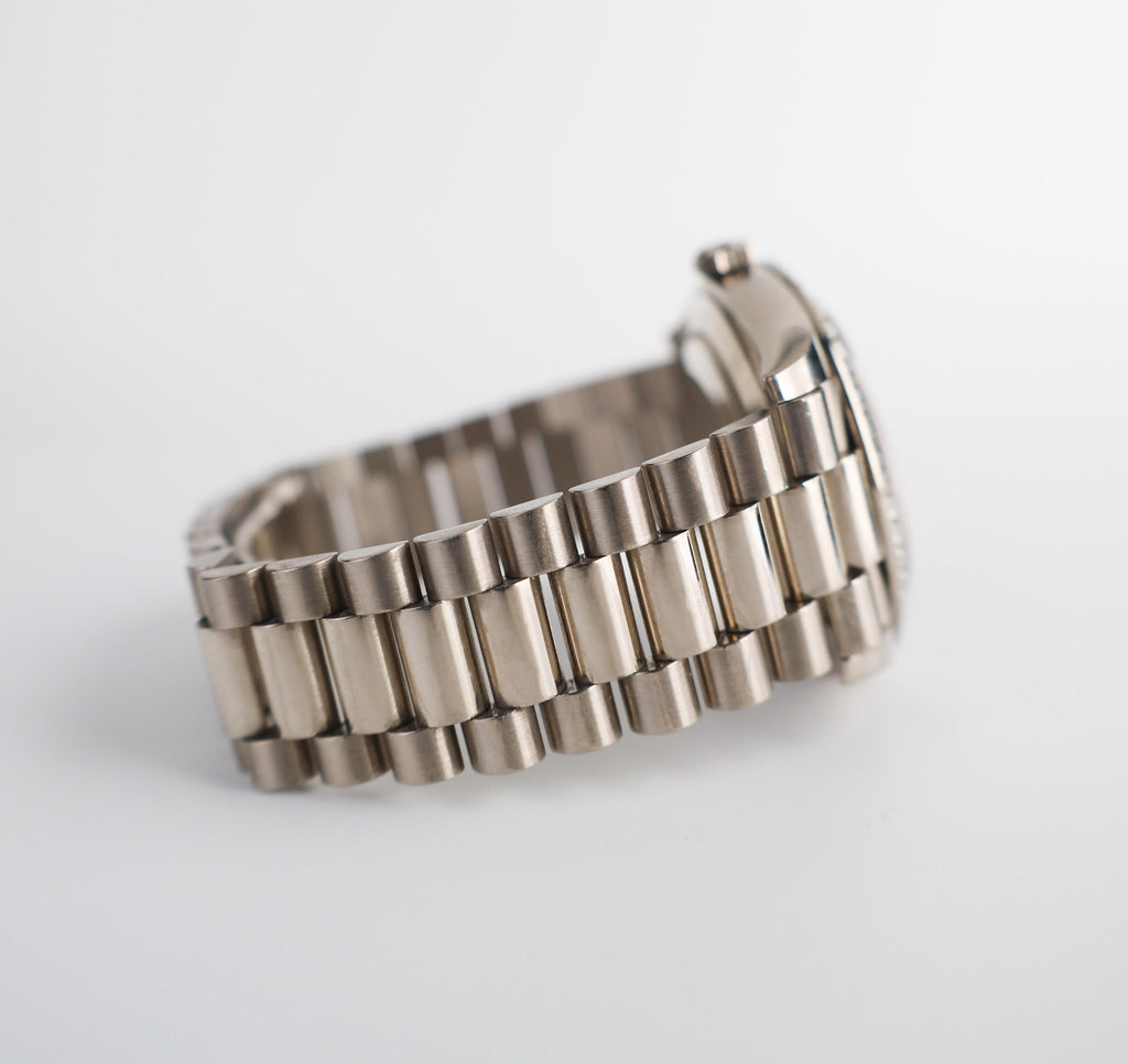 Rolex White Gold Day-Date 40 Watch - White Gold Bezel - Silver Baguette Diamond Dial - President Bracelet - 228349RBR sbdp