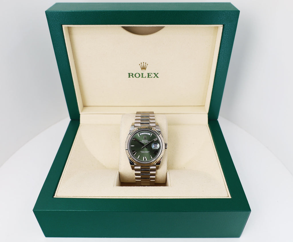 Rolex White Gold Day-Date 40 Watch - Fluted Bezel - Olive Green Bevelled Roman Dial - President Bracelet - 228239 ogrp