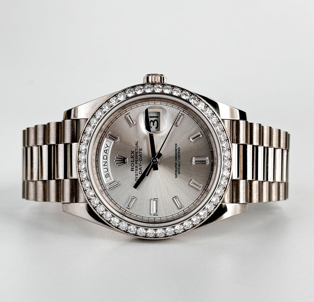 Rolex White Gold Day-Date 40 Watch - White Gold Bezel - Silver Baguette Diamond Dial - President Bracelet - 228349RBR sbdp