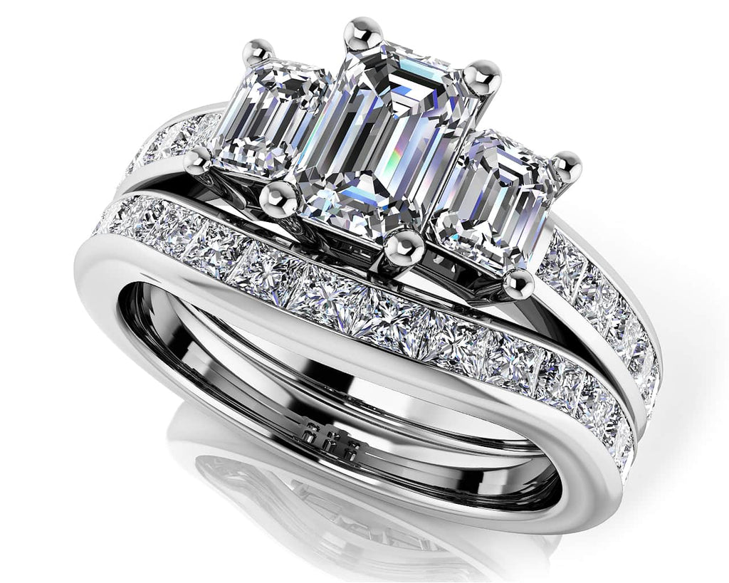 Vibrant Love Emerald Cut Three Stone Bridal Set Diamond with 1.92 ct. (0.50 ct. center diamond) - Luxury Time NYC