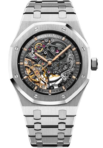 Audemars Piguet Royal Oak Double Balance Wheel Openworked Stainless Steel 41mm Black Skeleton Dial 15407ST.OO.1220ST.01 - Luxury Time NYC