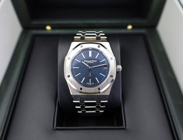 Audemars Piguet Royal Oak Jumbo Extra-Thin Stainless Steel 39mm Blue 16202ST.OO.1240ST.01 - Luxury Time NYC