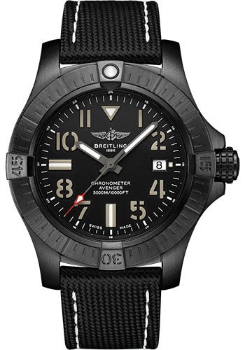 Breitling Avenger Automatic 45 Seawolf Night Mission Watch - DLC-Coated Titanium - Black Dial - Anthracite Calfskin Leather Strap - Folding Buckle - V17319101B1X2 - Luxury Time NYC