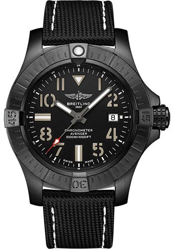 Breitling Avenger Automatic 45 Seawolf Night Mission Watch - DLC-Coated Titanium - Black Dial - Anthracite Calfskin Leather Strap - Tang Buckle - V17319101B1X1 - Luxury Time NYC