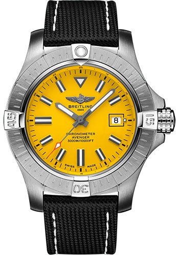 Breitling Avenger Automatic 45 Seawolf Watch - Stainless Steel - Yellow Dial - Anthracite Calfskin Leather Strap - Folding Buckle - A17319101I1X2 - Luxury Time NYC