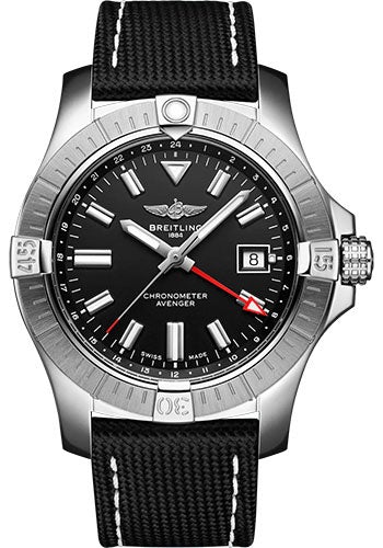 Breitling Avenger Automatic GMT 43 Watch - Stainless Steel - Black Dial - Anthracite Calfskin Leather Strap - Folding Buckle - A32397101B1X2 - Luxury Time NYC