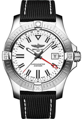 Breitling Avenger Automatic GMT 43 Watch - Stainless Steel - White Dial - Anthracite Calfskin Leather Strap - Folding Buckle - A32397101A1X2 - Luxury Time NYC