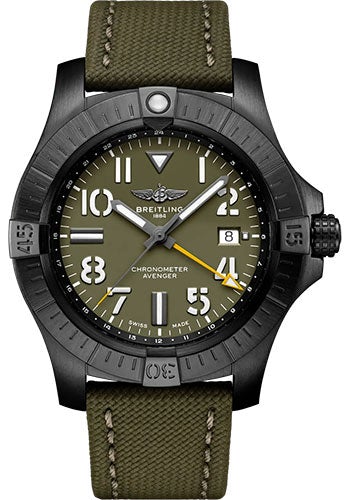 Breitling Avenger Automatic GMT 45 Night Mission Limited Edition Watch - DLC-Coated Titanium - Green Dial - Khaki Green Calfskin Leather Strap - Folding Buckle Limited Edition of 2000 - V323952A1L1X2 - Luxury Time NYC