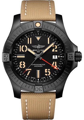 Breitling Avenger Automatic GMT 45 Night Mission Watch - DLC-Coated Titanium - Black Dial - Sand Calfskin Leather Strap - Folding Buckle - V32395101B1X2 - Luxury Time NYC